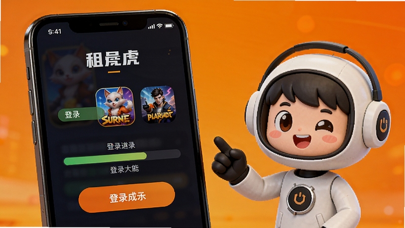 租号虎一键上号功能界面,画面展示手机屏幕中出现登录进度条和游戏图标,旁边有上号器小助手卡通形象指引操作,背景为明亮橙色渐变,整体氛围轻松友好,适合新手用户,高清细节