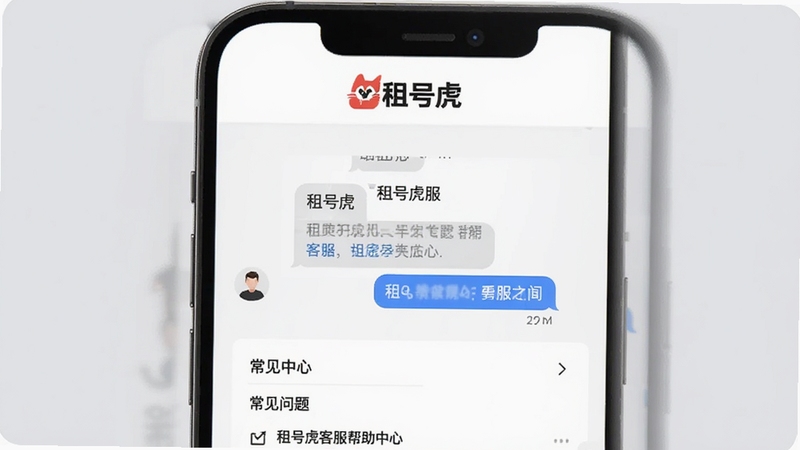 租号虎客服帮助中心界面,画面展示手机屏幕中出现客服对话框和常见问题列表,背景为浅灰色,顶部有租号虎Logo,整体风格专业简洁,适合展示问题解决场景,高清渲染