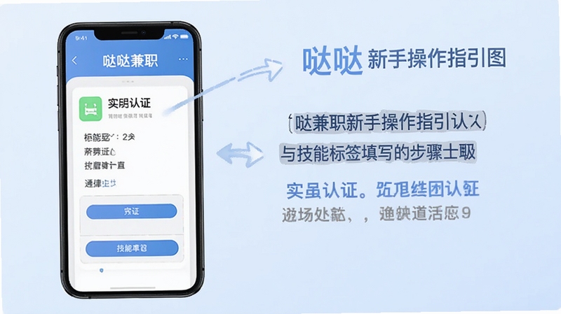 哒哒兼职新手操作指引图,手机屏幕展示实名认证与技能标签填写步骤,背景为浅蓝色渐变,画面清晰直观,带有哒哒兼职文字标识