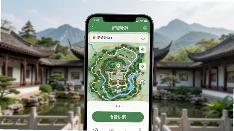 画面主体为一部智能手机屏幕亮起显示驴迹导游应用主界面,界面中呈现景区地图与语音讲解按钮,背景区域为虚化的中国古典园林与远山轮廓,整体色调清新自然,突出移动端导览软件的便捷感与科技感