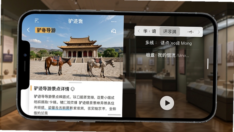 手机分屏展示驴迹导游景点详情页,左侧为景点实景照片与文字介绍,右侧为多语言切换选项与播放按钮,背景为博物馆展厅的虚化影像,整体呈现文化深度与国际化视野