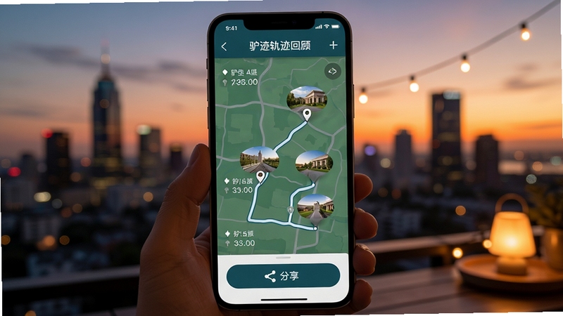 驴迹导游游玩轨迹回顾页面,手机屏幕显示带有时间戳与景点标记的路线图,下方有分享按钮,背景为傍晚时分的城市天际线,营造出旅行结束后的温馨回顾氛围