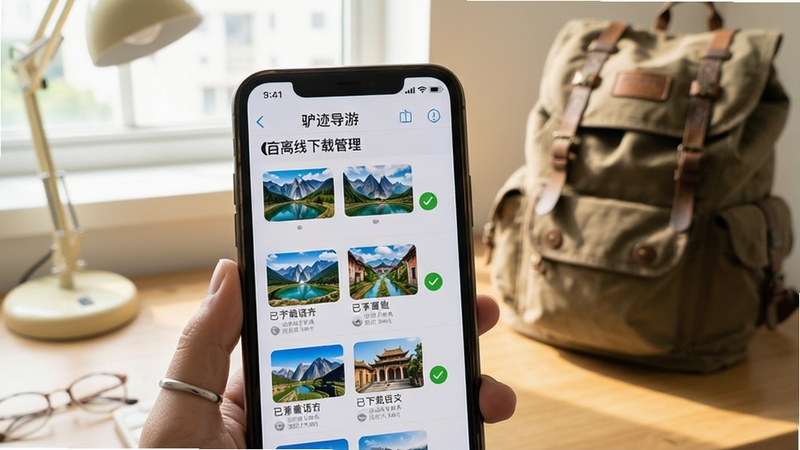 手机屏幕显示驴迹导游离线下载管理界面,多个景区语音包右侧出现已下载对勾标识,背景为简约的书桌与旅行背包,画面传递出出行前充分准备的安心感