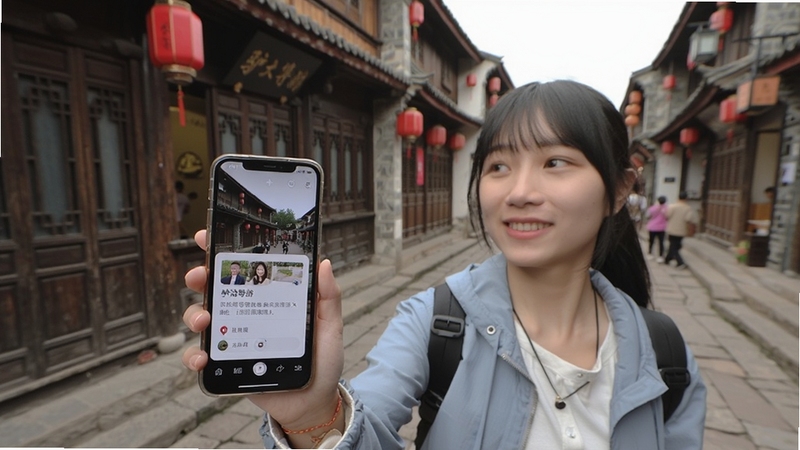 一位年轻游客手持手机走在古镇石板路上,手机屏幕显示驴迹导游的自动讲解弹窗,画面背景为古色古香的建筑与红灯笼,整体氛围轻松愉悦,体现智能定位带来的便捷导览体验