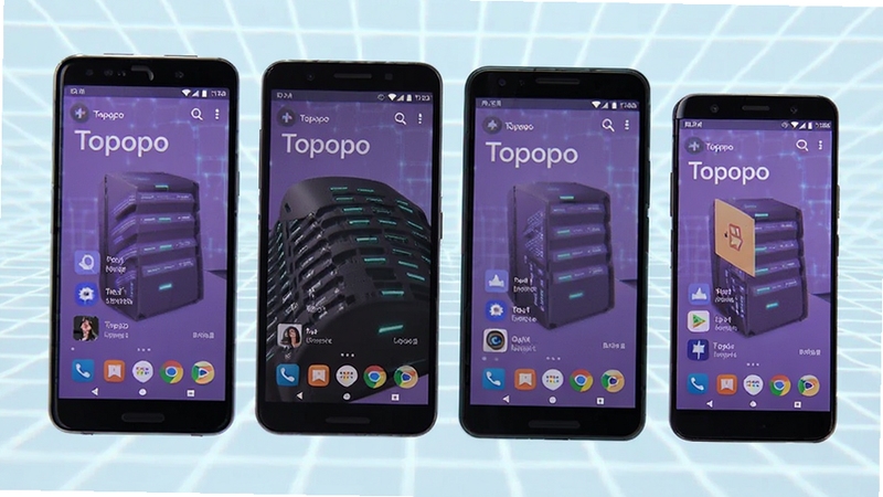 Topopo软件在多款安卓手机上运行的合成图,展示不同品牌手机屏幕中Topopo界面正常显示,背景为科技感浅色网格