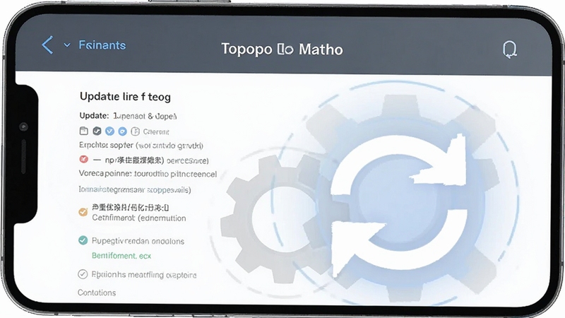 Topopo软件版本更新界面示意图,显示更新日志和优化说明,手机屏幕前方有齿轮和刷新图标,背景为白色简约风格