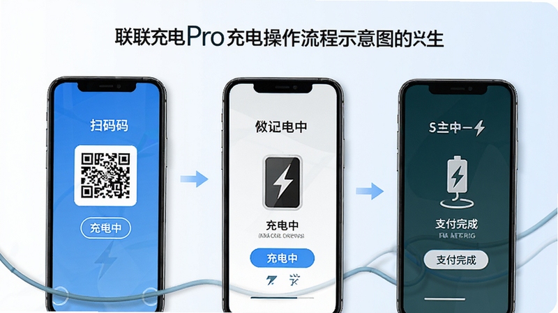 联联充电Pro充电操作流程示意图,手机界面展示扫码、充电中、支付完成三个步骤,背景为干净的白色与淡蓝色,突出操作便捷性