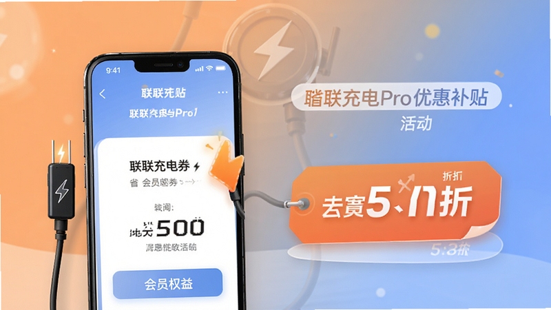 联联充电Pro优惠补贴活动页面,手机界面展示充电券与折扣标签,背景为柔和的橙蓝色渐变,突出省钱与会员权益主题