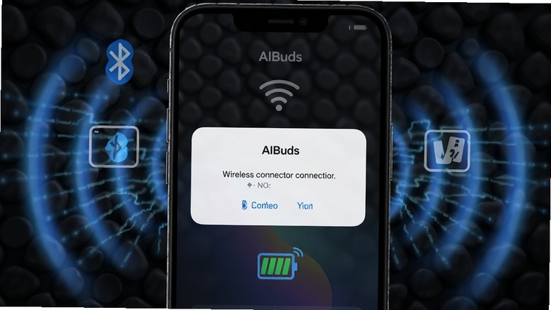 AIBuds智能连接功能展示图,画面主体为手机屏幕弹出AIBuds连接弹窗,背景为深色科技纹理,屏幕周围环绕蓝牙信号波纹与电量图标,突出无线连接与电量监控的视觉效果