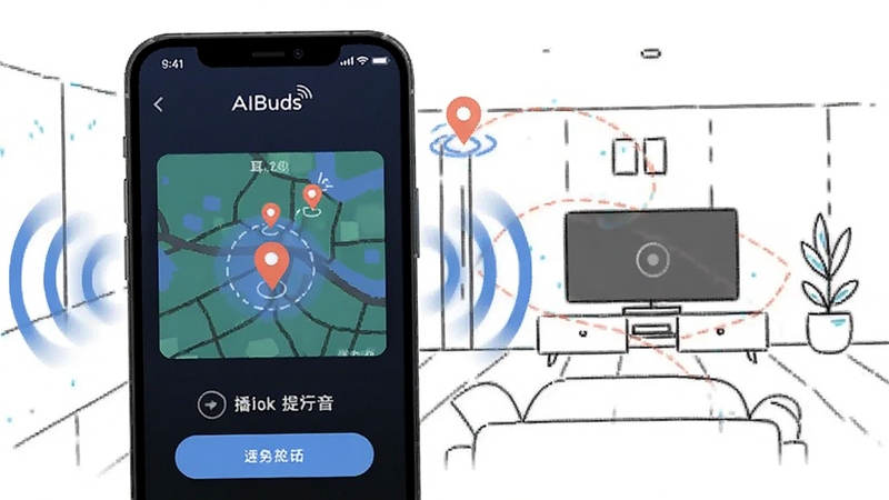AIBuds查找耳机功能示意图,画面主体为手机屏幕显示耳机定位地图与播放提示音按钮,背景为室内家居场景简化线条,周围有定位标记与声波图标,突出防丢与低延迟游戏场景