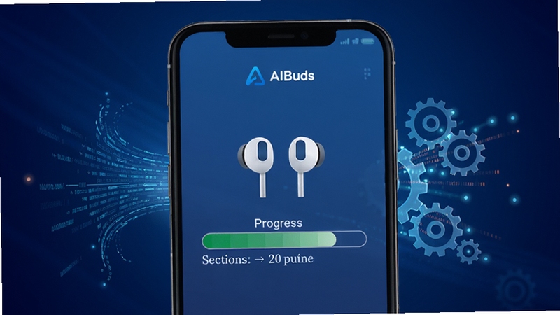 AIBuds固件升级进度界面图,画面主体为手机屏幕显示固件升级进度条与耳机图标,背景为深蓝色渐变,周围有数据流与齿轮元素,表达系统更新与设备维护的概念