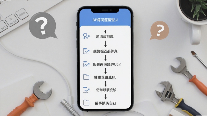 AIBuds常见问题排查流程图,画面主体为手机屏幕显示故障排查步骤列表,背景为浅灰色办公桌面,周围有问号图标与工具元素,整体风格清晰实用