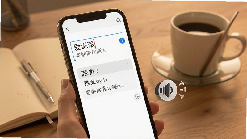 爱说派文本翻译功能展示,画面中手机屏幕显示文字输入框与翻译结果,旁边有扬声器图标,背景为书房桌面,有笔记本和咖啡杯,色调温暖,突出学习与办公场景