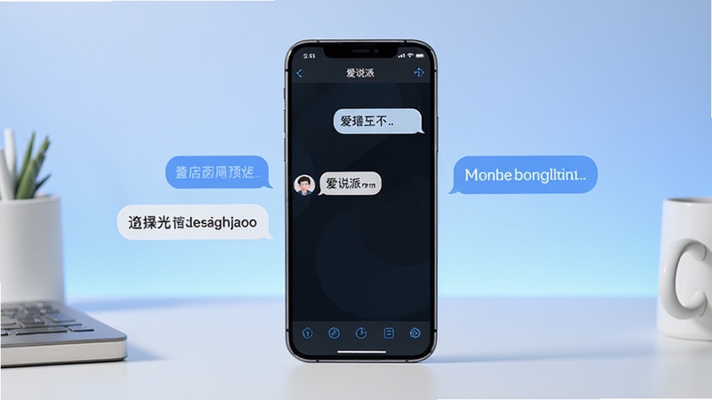 爱说派软件主界面全貌展示,画面中央放置一部智能手机,屏幕显示爱说派翻译对话界面,左右两侧分别呈现中文与英文气泡,背景为柔和渐变蓝色调,桌面整洁,光线明亮,整体风格科技简洁,适配Boogu模型生成