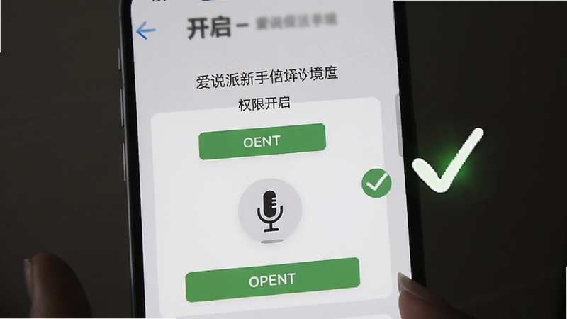 爱说派新手设置界面示意图,手机屏幕显示权限开启页面与麦克风图标,旁边有勾选标记,背景为浅灰色,画面简洁清晰,突出操作指引