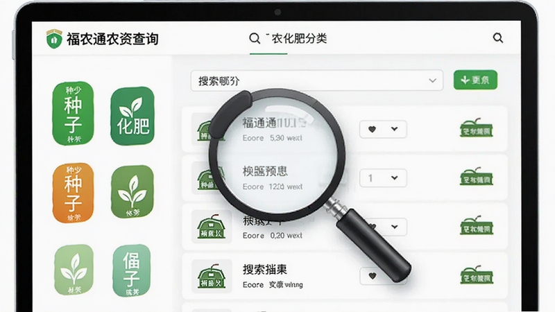 福农通农资查询功能界面,展示种子化肥分类图标与搜索结果列表,画面中央有放大镜元素,整体风格简洁现代