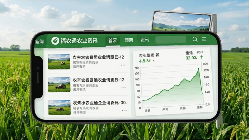 福农通农业资讯界面展示,手机屏幕中呈现农业新闻列表与价格走势图,背景为绿色田野风光,画面明亮清晰