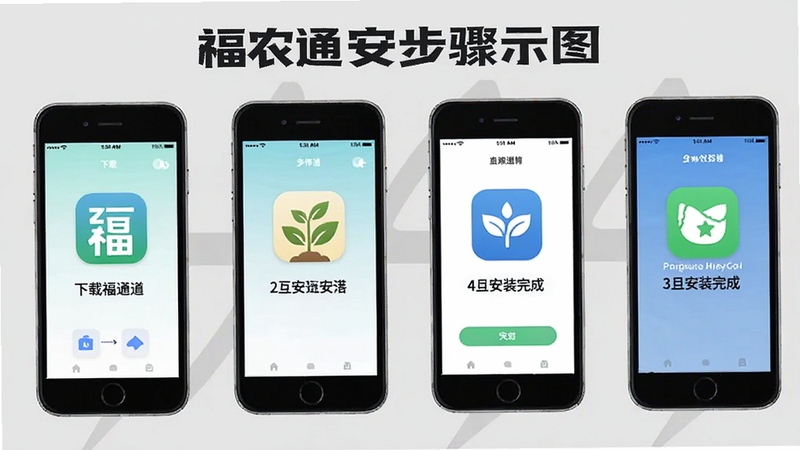 福农通安装步骤示意图,展示手机屏幕从下载到安装完成的四个画面,背景为浅灰色,图标清晰醒目