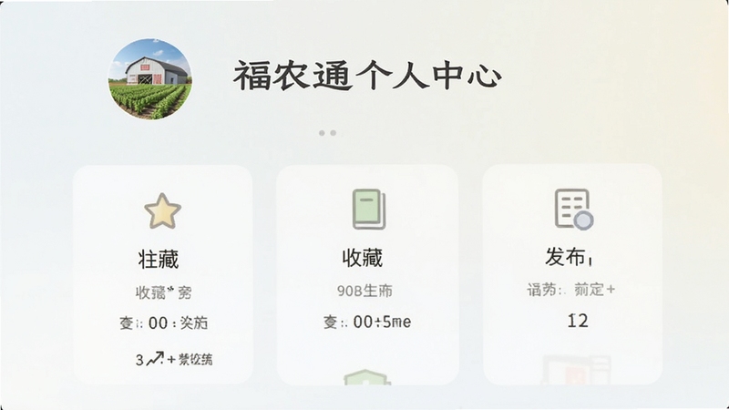 福农通个人中心页面布局,包含头像、收藏夹、发布记录等图标,背景为浅色渐变,整体干净整洁