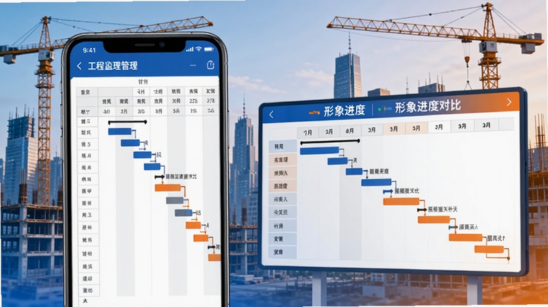 移动监理进度管理界面,手机屏幕展示甘特图与形象进度对比,画面主体为手机与工程进度看板,背景为城市建筑群与塔吊,色彩以蓝橙对比为主,突出计划与实际进度的可视化分析,体现移动监理软件的数据管理能力。