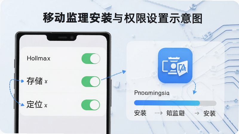移动监理安装与权限设置示意图,画面展示手机设置界面中相机、存储、定位权限开关,旁边有移动监理应用图标与安装进度条,背景为浅色科技纹理,突出安装避坑与权限配置步骤,风格清晰直观。