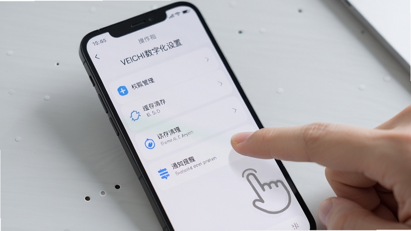 手机屏幕显示VEICHI数字化设置页面,包含权限管理、缓存清理、通知提醒等选项,背景为浅灰色桌面,有手指点击屏幕的示意动作,画面风格简洁操作指引风,突出应用设置与优化主题,整体色调柔和自然