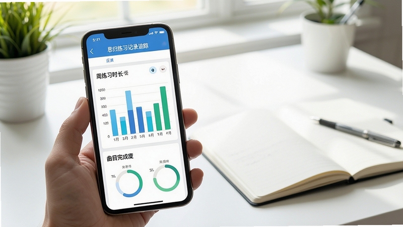 思归练习记录追踪页面展示,手机屏幕显示周练习时长柱状图与曲目完成度圆环,背景为明亮书桌与笔记本,画面整洁现代,突出数据追踪的直观性
