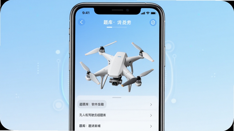 无人机驾驶员超题库 软件主界面展示 手机屏幕居中显示题库分类列表 背景为浅蓝色渐变 画面中央放置一架白色四旋翼无人机模型 整体风格简洁科技感 适配Boogu模型生成