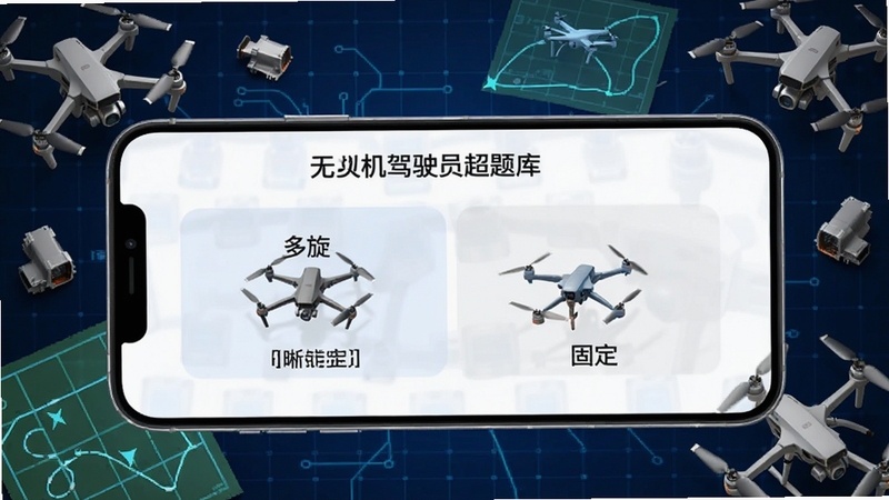 无人机驾驶员超题库 题库分类界面 画面中一部智能手机横屏显示多旋翼与固定翼题库选项 屏幕周围环绕着无人机零件与飞行路线图 背景为深蓝色科技网格 突出分类清晰的特点