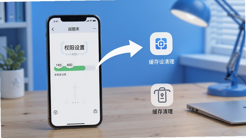 无人机驾驶员超题库 使用技巧示意图 画面展示一部手机放置在桌面上 屏幕显示刷题进度条 旁边有箭头指向权限设置与缓存清理图标 背景为简洁的蓝色调学习环境