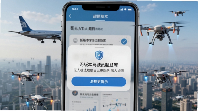 无人机驾驶员超题库 法规更新提示界面 手机屏幕弹出新版本法规题目已更新通知 背景为城市低空无人机飞行场景 画面中有民航客机与无人机和谐共存的元素 体现法规与安全飞行主题