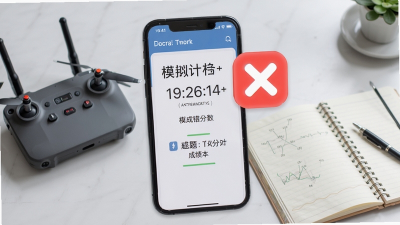 无人机驾驶员超题库 模拟考试与错题本界面 手机屏幕显示考试倒计时与成绩分数 旁边漂浮着红色叉号错题图标 背景为淡灰色学习场景 书桌上放置无人机遥控器与笔记本