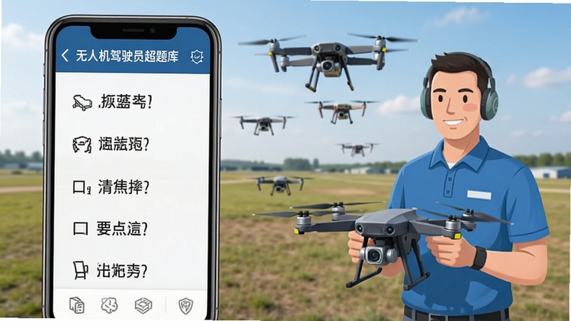 无人机驾驶员超题库 口试要点精讲界面 画面展示手机屏幕上的问答列表 旁边有一位手持无人机的教员形象 背景为户外飞行场地 天空中有无人机在飞行 突出学习与实操结合