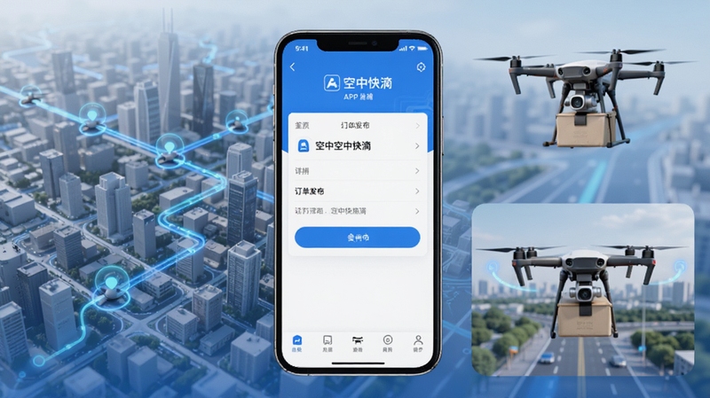 空中快滴手机应用主界面全貌展示,画面中央为空中快滴APP的订单发布页面,背景区域为城市低空航线示意图与无人机配送场景,整体色调以科技蓝与白色为主,画面清晰明亮,适配Boogu模型生成
