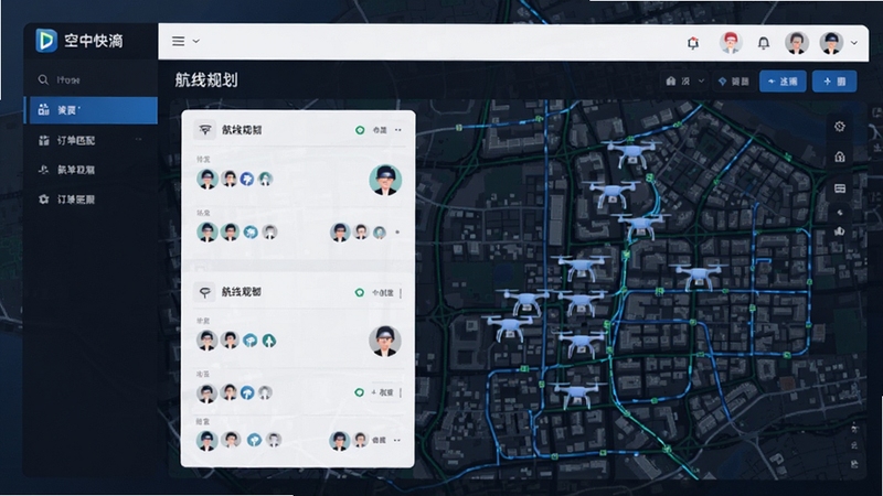 空中快滴智能调度系统界面展示,画面主体为空中快滴平台后台的订单匹配与航线规划视图,背景为城市地图与低空航路网络,细节包含无人机图标与飞手头像,科技感十足,适配Boogu模型生成