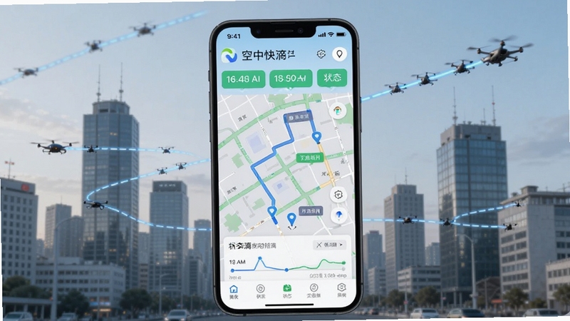 空中快滴订单实时追踪页面,画面主体为手机屏幕显示空中快滴APP的配送轨迹地图,背景为城市建筑群与低空飞行路线,细节包含时间轴与状态标签,界面清爽,适配Boogu模型生成