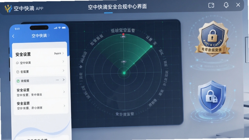 空中快滴安全合规中心界面,画面主体为空中快滴APP的安全设置与合规提示页面,背景为低空监管雷达图与认证徽章,细节包含加密锁与盾牌图标,视觉稳重,适配Boogu模型生成