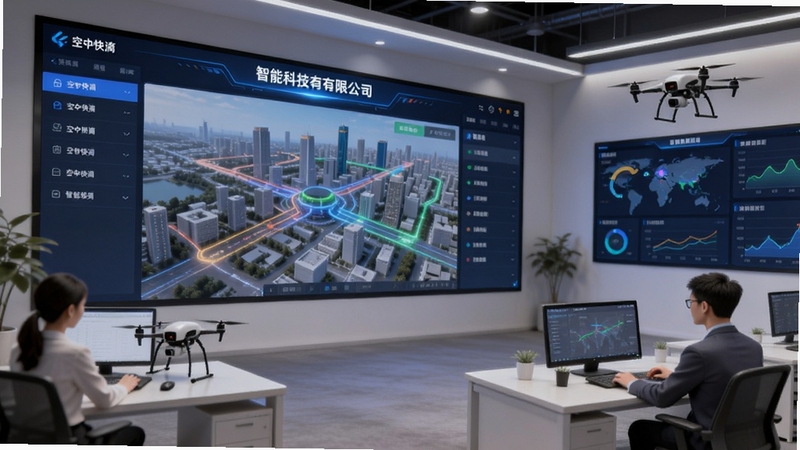 空中快滴公司运营中心场景,画面主体为空中快滴智能科技有限公司的调度大屏与办公区域,背景为城市低空航路图与数据看板,细节包含工作人员与无人机模型,氛围专业现代,适配Boogu模型生成