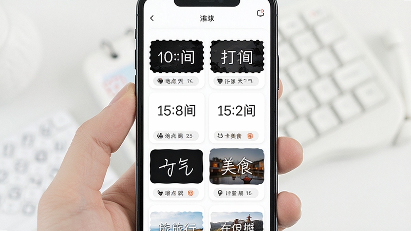 随心改水印相机 水印模板选择界面 手机屏幕展示网格排列的多种水印样式 包含时间地点天气打卡旅行美食等分类标签 背景为白色卡片式设计 界面清爽直观 适配Boogu模型生成