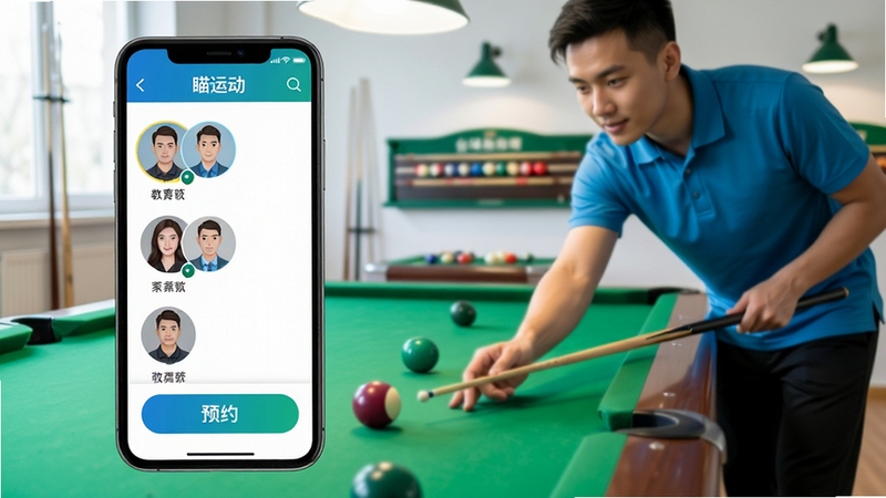 瞄运动 台球助教预约界面,手机屏幕显示助教头像列表与预约按钮,背景为台球桌旁的教学场景,人物手持球杆正在指导击球动作,明亮清新的视觉风格