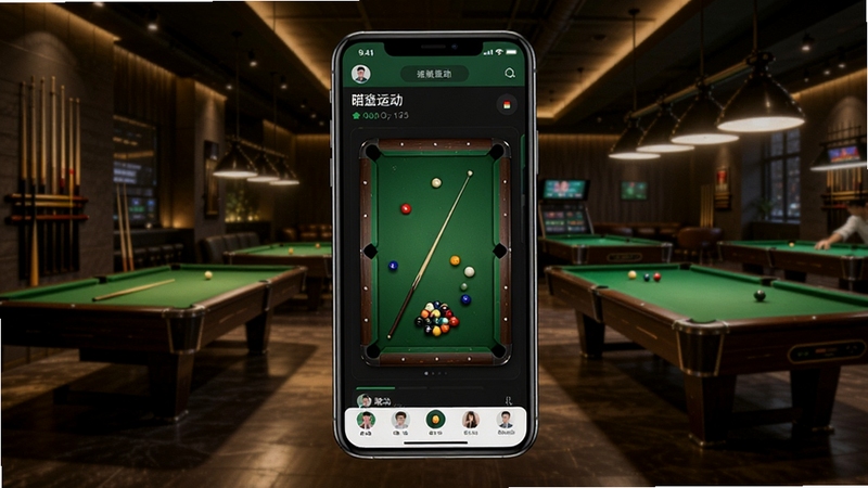 瞄运动 台球APP 界面全景展示图,画面中央为手机屏幕显示台球桌与附近球友列表,背景为现代台球俱乐部环境,绿色台呢与暖色灯光,写实风格