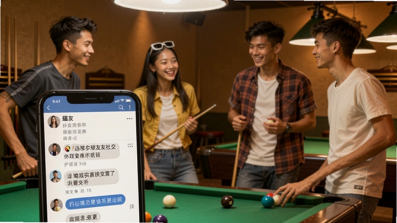 瞄运动 球友社交页面,手机屏幕展示球友动态与聊天界面,背景为多位年轻人在台球厅交流互动,氛围轻松友好,暖色调摄影风格