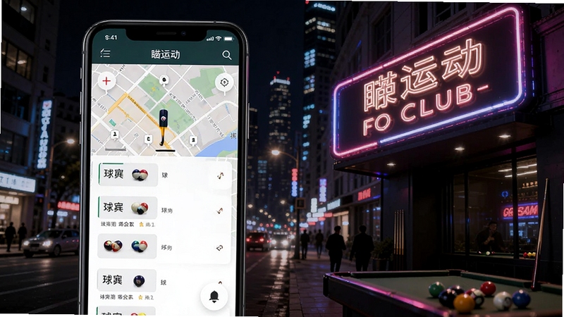 瞄运动 球房查找功能展示,手机屏幕显示地图与球房列表,背景为城市夜景中的台球俱乐部招牌,霓虹灯光与街道,现代都市风格