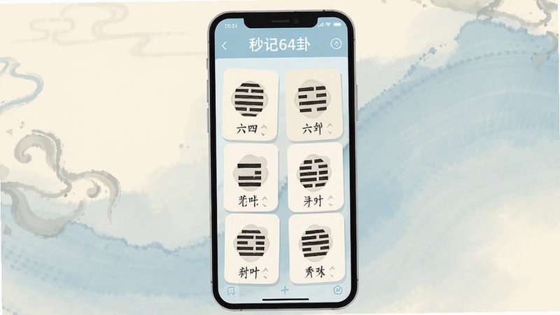 秒记64卦软件界面展示六十四卦卦象排列与记忆训练模块的扁平化插画风格,主体为手机屏幕中呈现卦象卡片,背景为淡雅水墨纹理,色调以米白与浅蓝为主,画面清晰简洁