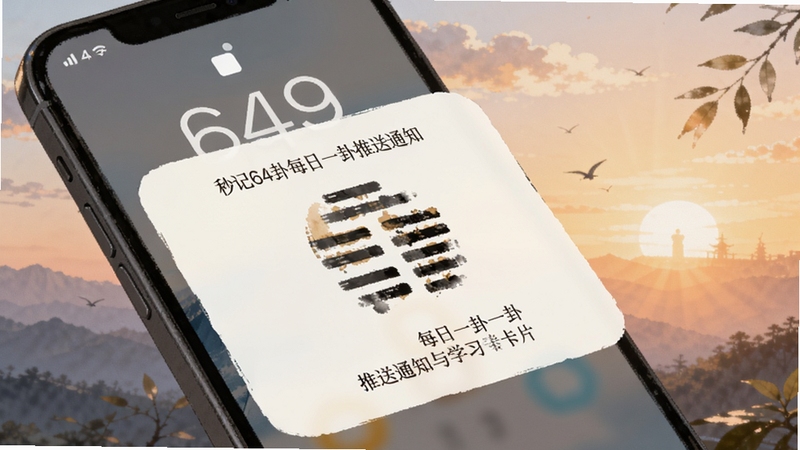 秒记64卦每日一卦推送通知与学习卡片展示的插画,画面为手机锁屏界面弹出卦象卡片,背景为晨曦色调,风格清新自然,突出每日学习主题