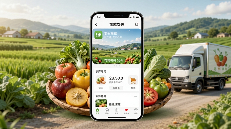 花城农夫APP首页界面展示,画面中央为新鲜蔬果拼盘与手机屏幕叠加构图,背景为田园风光与物流配送车,整体色调清新自然,突出农产品电商主题,适配Boogu模型生成