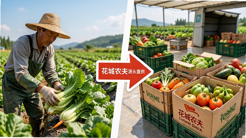 花城农夫产地直采场景,画面左侧为农民在田间采摘蔬菜,右侧为打包好的农产品装箱待发,中间用箭头标识从田间到餐桌的流程,整体风格写实明亮,体现花城农夫源头直供特色