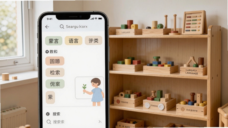 蒙氏语言应用内分类检索界面,画面展示手机屏幕中的分类标签与搜索框,背景为蒙氏教室教具架,架上摆放各类语言教具,自然光线,适配Boogu模型生成