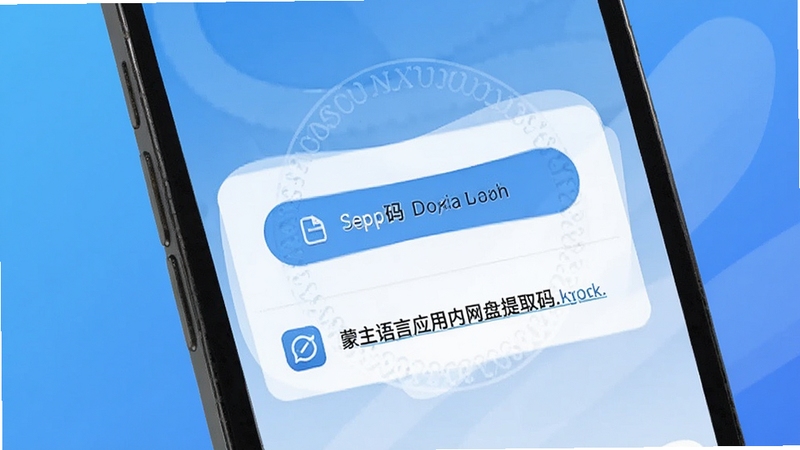 蒙氏语言应用内网盘提取码展示页面,画面主体为手机屏幕特写,屏幕中央显示提取码复制按钮与网盘链接,背景为简洁的蓝色渐变,突出便捷高效的数字工具感,适配Boogu模型生成