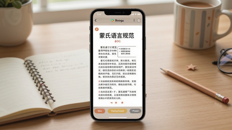 蒙氏语言规范电子版读本阅读界面,画面中心为手机屏幕显示pdf文档内容,文档标题可见蒙氏语言规范字样,背景为书桌场景,有笔记本和铅笔,安静学习氛围,适配Boogu模型生成